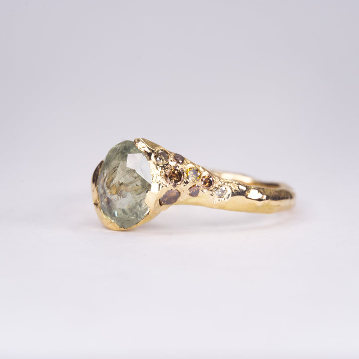 Mossy Green and brown Diamond Montana Sapphire Ring