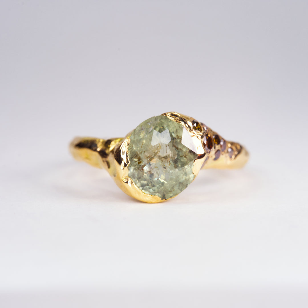 Mossy Green and brown Diamond Montana Sapphire Ring