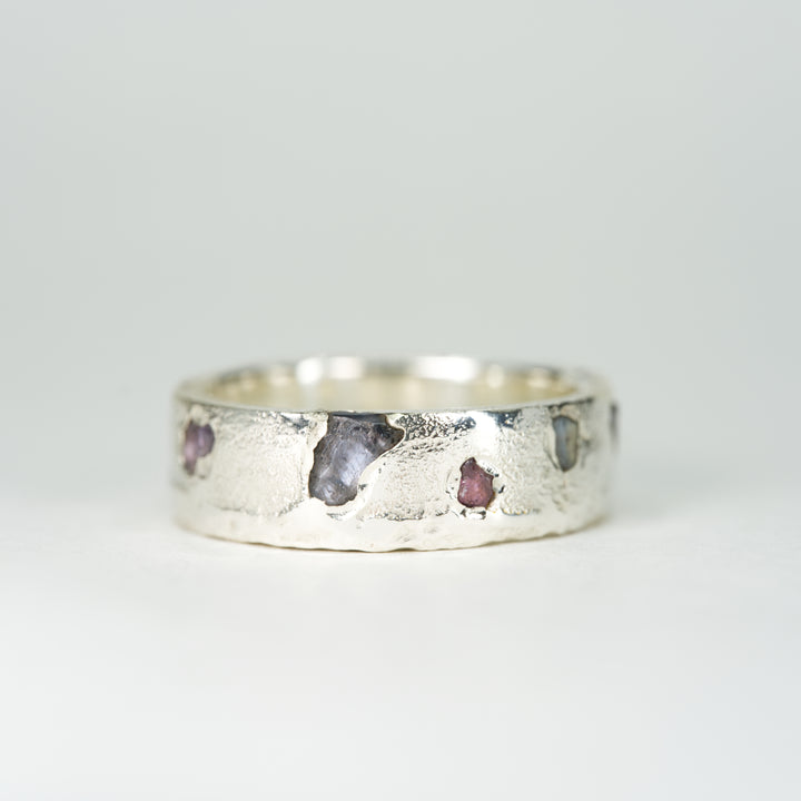 14k White Gold Yogo Rough Montana Sapphire Ring - Eternity Band Slim