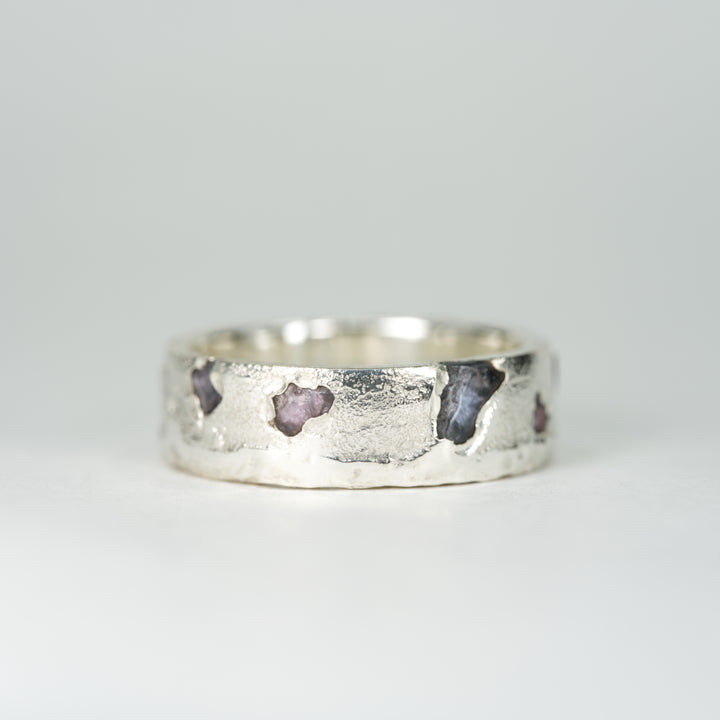14k White Gold Yogo Rough Montana Sapphire Ring - Eternity Band Slim