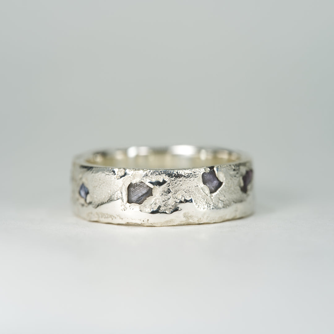 14k White Gold Yogo Rough Montana Sapphire Ring - Eternity Band Slim