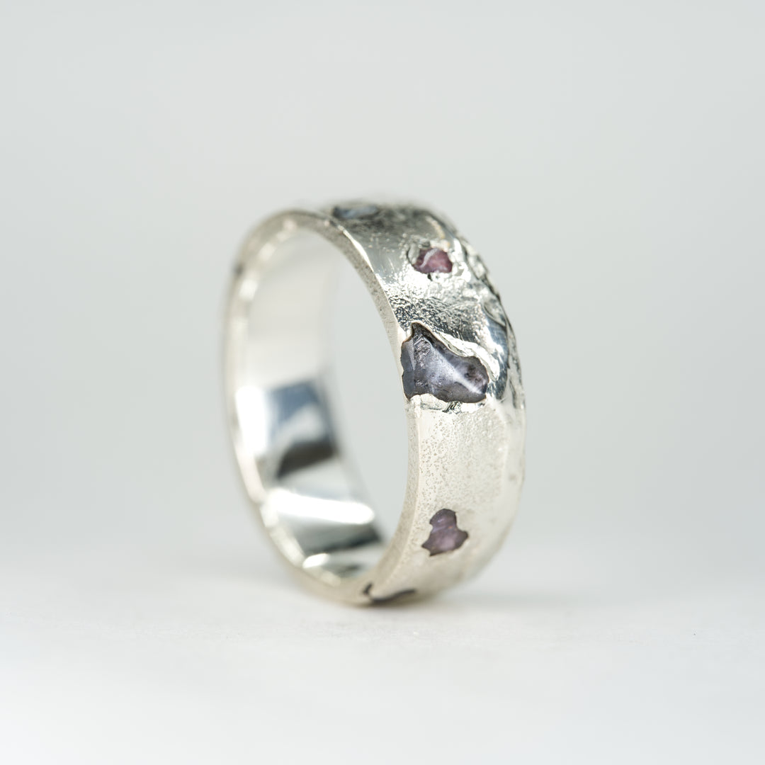 14k White Gold Yogo Rough Montana Sapphire Ring - Eternity Band Slim