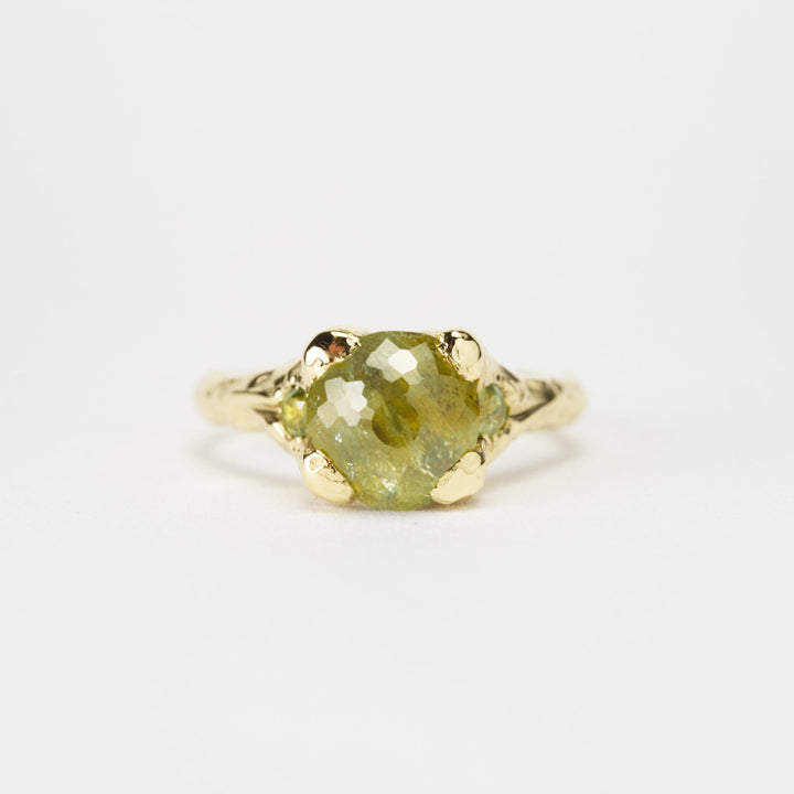 Earth Green Montana Sapphire Ring - Three Stone, handcrafted by Rigby Leigh
