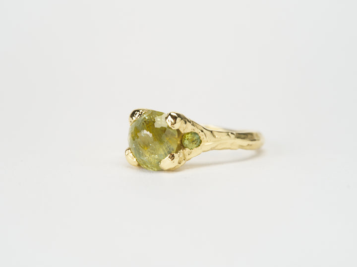Earth Green Montana Sapphire Ring - Three Stone, handcrafted by Rigby Leigh