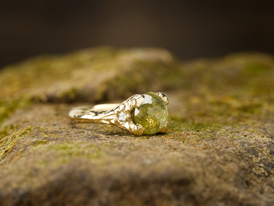 Earth Green Montana Sapphire Ring - Three Stone, handcrafted by Rigby Leigh