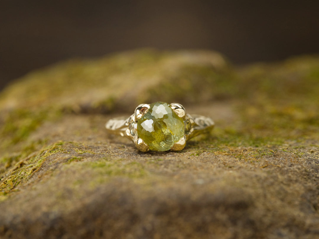 Earth Green Montana Sapphire Ring - Three Stone, handcrafted by Rigby Leigh