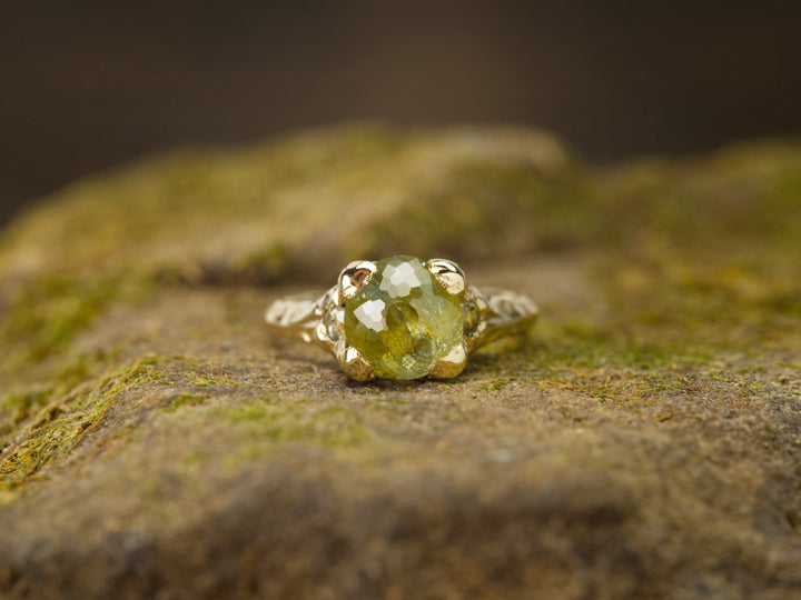 Earth Green Montana Sapphire Ring - Three Stone, handcrafted by Rigby Leigh