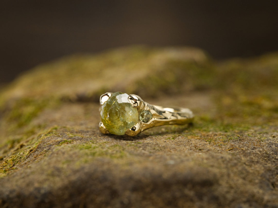 Earth Green Montana Sapphire Ring - Three Stone, handcrafted by Rigby Leigh