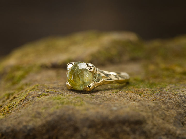 Earth Green Montana Sapphire Ring - Three Stone, handcrafted by Rigby Leigh
