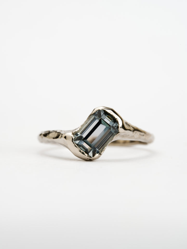 Emerald Cut Ashen Blue Montana Sapphire Ring - 1.3ct, handcrafted by Rigby Leigh
