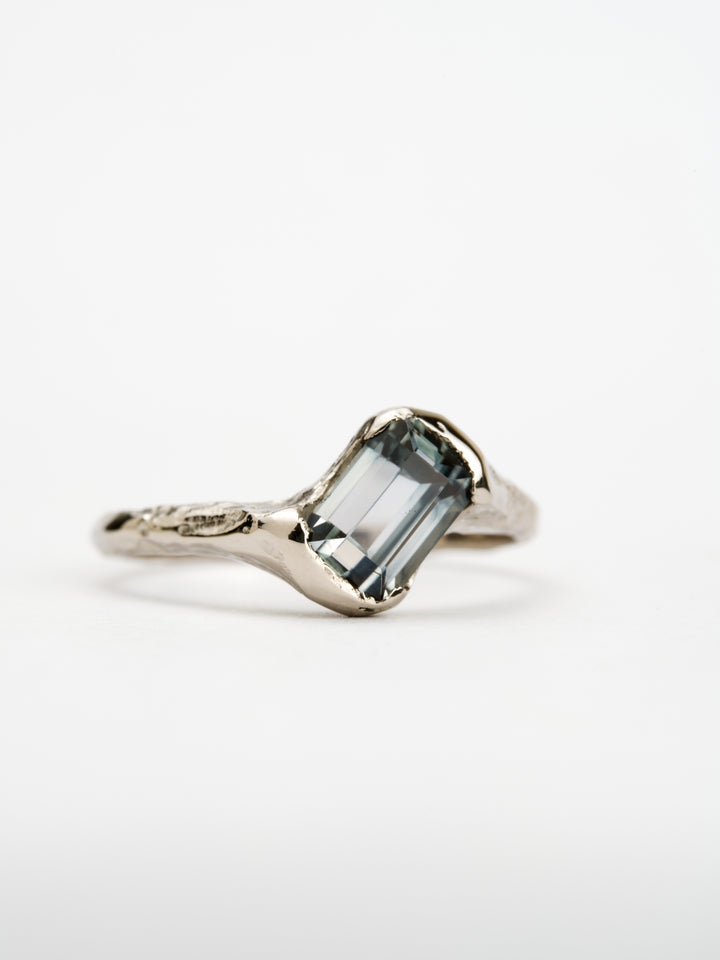 Emerald Cut Ashen Blue Montana Sapphire Ring - 1.3ct, handcrafted by Rigby Leigh