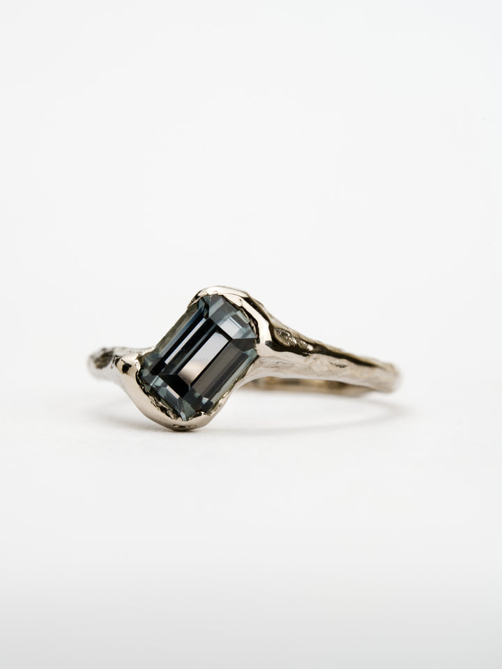 Emerald Cut Ashen Blue Montana Sapphire Ring - 1.3ct, handcrafted by Rigby Leigh