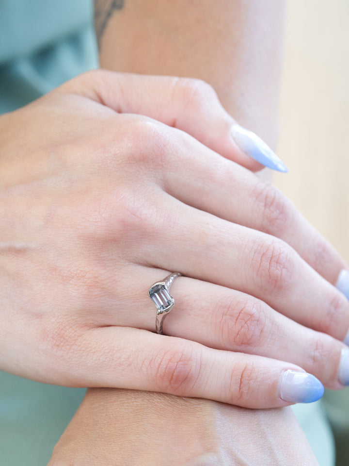 Emerald Cut Ashen Blue Montana Sapphire Ring - 1.3ct, handcrafted by Rigby Leigh