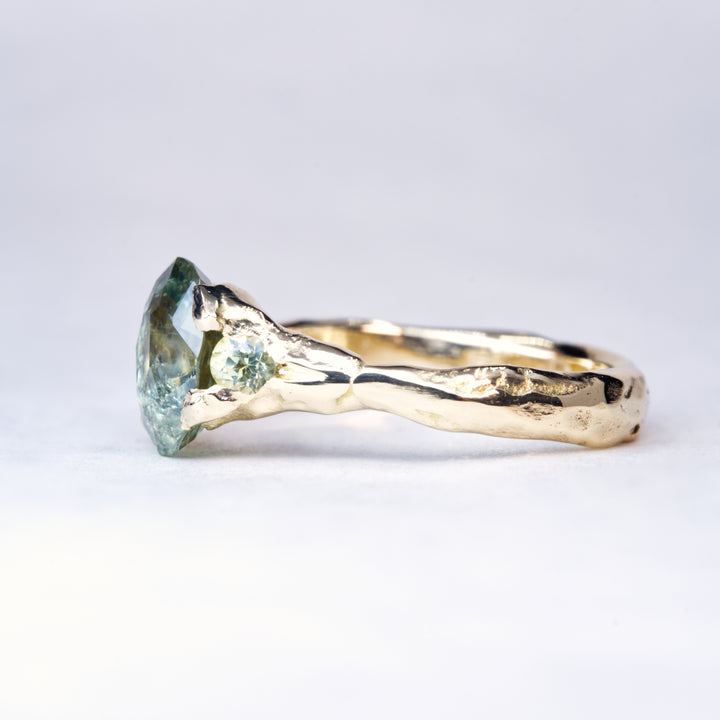 Oval Sunlit Green Montana Sapphire Ring - Three Stone
