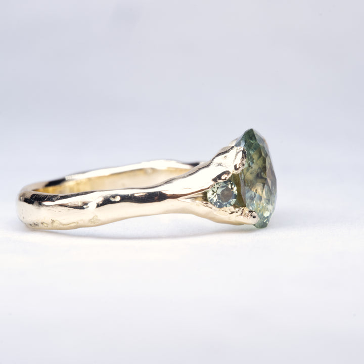Oval Sunlit Green Montana Sapphire Ring - Three Stone