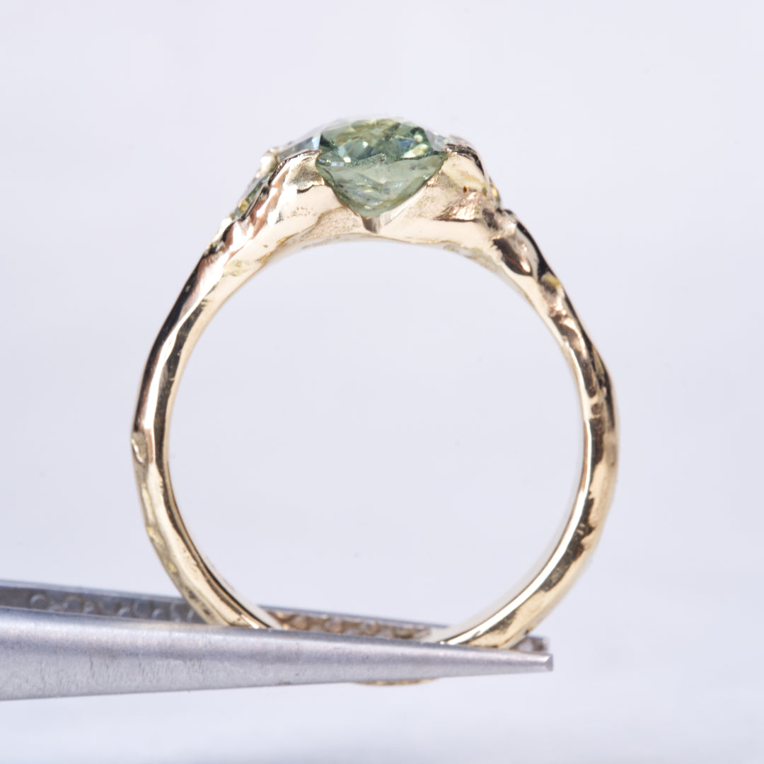 Oval Sunlit Green Montana Sapphire Ring - Three Stone