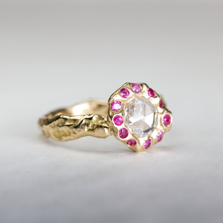 Rose Cut Diamond Ring - Ruby Halo | OOAK