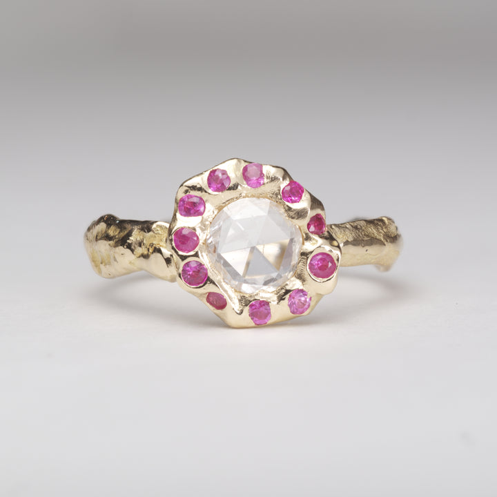 Rose Cut Diamond Ring - Ruby Halo | OOAK