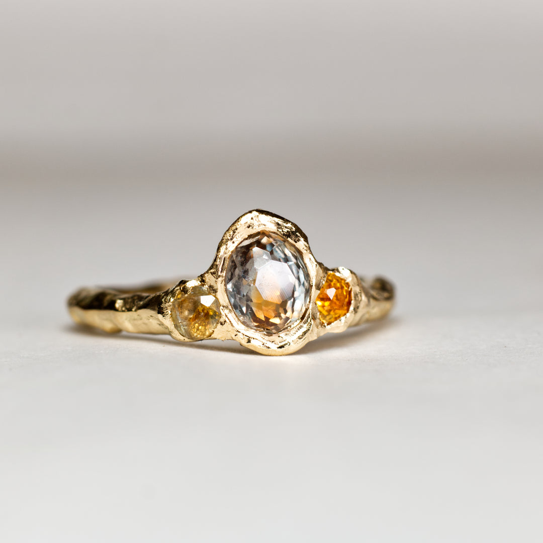 Lavender & Orange Bi-Color Montana Sapphire Ring - 3 Stone