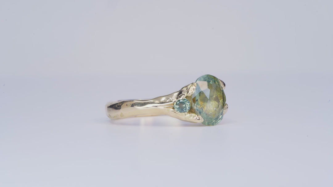 Oval Sunlit Green Montana Sapphire Ring - Three Stone